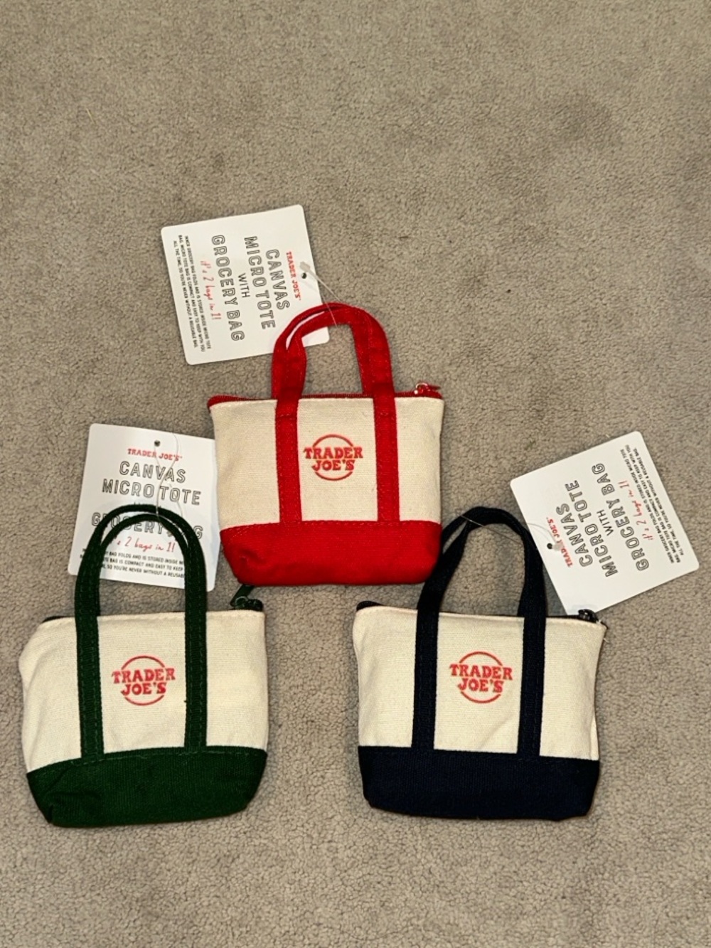 Trader Joe's Micro Canvas Tote with grocery bag Trio - Red, Green, Navy